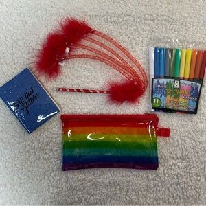Geddes Rainbow Feather Pen, Markers, Glitter Notebook, Pencil Case Bundle